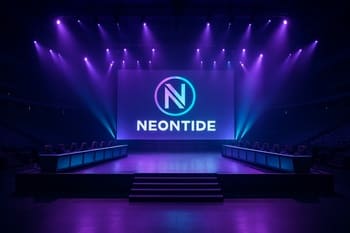 NeonTide arena səhnəsində oyun masaları və LED ekranlarla hazır vəziyyətdədir