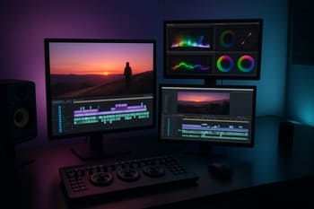 Montaj masasında montor, klaviatura və NeonTide kliplərinin timeline görüntüsü