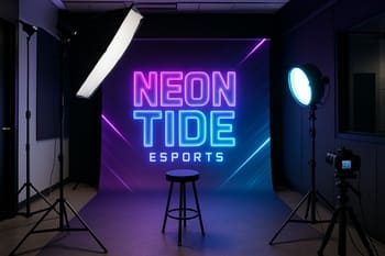 Foto küncdə NeonTide oyunçusu fon qarşısında şəkil çəkdirir