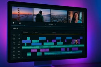 Montaj proqramında uzun vlog timeline və qeyd olunmuş səhnələr