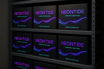 Rəfdə qutulara yığılmış NeonTide merch drop paketləri