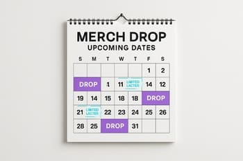 Divarda NeonTide merch drop tarixləri ilə yazılmış plan lövhəsi