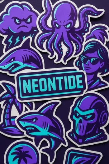 Stolun üzərində NeonTide loqolu stikerlər və kiçik aksessuarlar