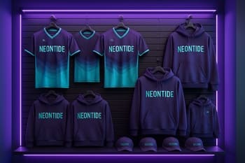 NeonTide merch divarında formalar, hoodie-lər və aksesuarlar asılıb