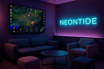 Klub lounge zonasının küncündə rahat kreslolar və NeonTide dekoru