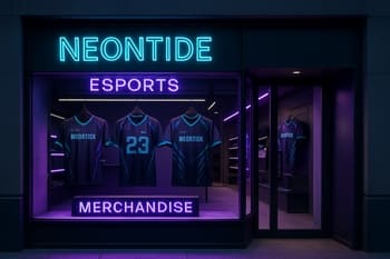 Klub mağazasının vitrinində NeonTide hoodie və aksessuarları düzülüb