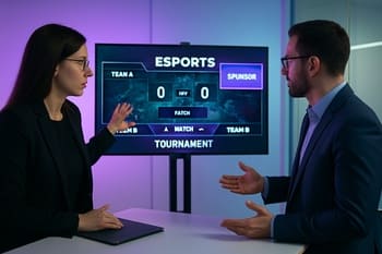 Monitor qarşısında NeonTide overlay dizaynında sponsor loqolarını yoxlayan menecer