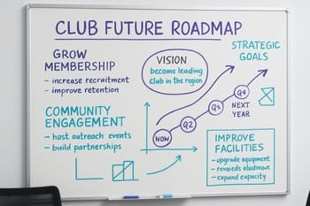 Ofis lövhəsində NeonTide roadmap-i mərhələlər və oxlarla çəkilmiş şəkildə görünür