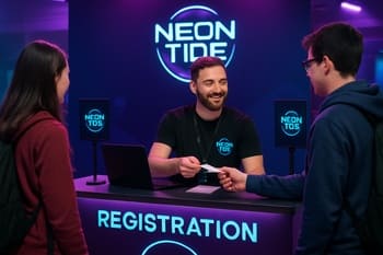 Event günü qeydiyyat masasında könüllülər azarkeşləri qarşılayır