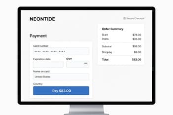 NeonTide online checkout səhifəsində ünvan və ödəniş xülasəsi forması