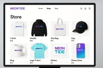 Ekranda NeonTide online mağazasında merch məhsul kartlarından ibarət grid