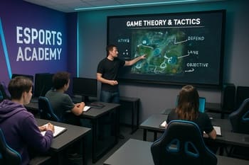 Təlim otağında oyunçular kouç ilə birlikdə taktika leksiyasını dinləyir