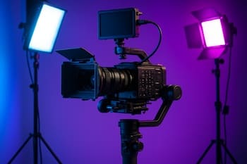 Studiyada kamera rig və işıqlandırma ilə çəkilişə hazır set