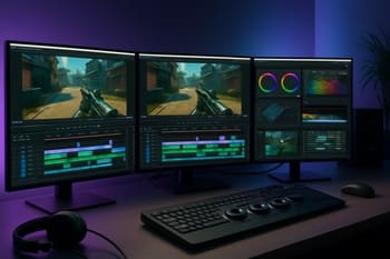 Montaj otağında montajçı bir neçə monitorla oyun kliplərini kəsir