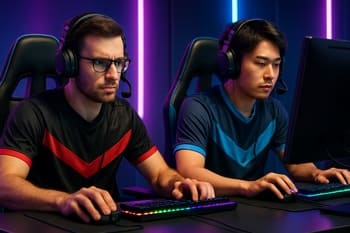 NeonTide oyunçuları iki monitorlu setup-da komanda məşqində