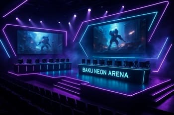 NeonTide Esports matçı zamanı işıqlandırılmış oyun arena səhnəsi