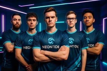 NeonTide Esports komandasının studiyada qrup şəkli
