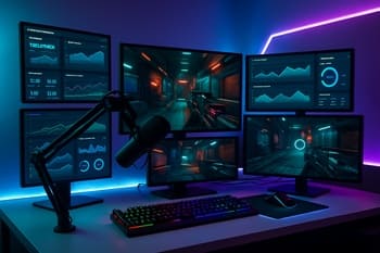 NeonTide analitik studiyasında stream setup monitorlar və mikrofonlar
