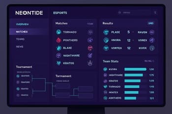 NeonTide hub panelində matç cədvəli və komanda statistikasının dashboard görüntüsü