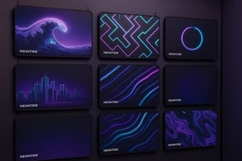 Divarda NeonTide mousepad dizaynları ilə hazırlanmış merch ekspozisiyası