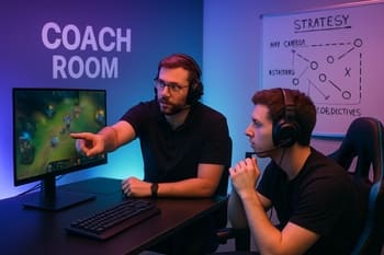 NeonTide coach otağında whiteboard qarşısında taktiki planı izah edir