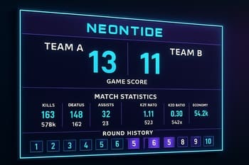 NeonTide matçında böyük ekranda scoreboard və komanda statistikasının görüntüsü