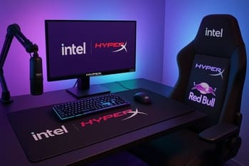 Studiyada masa üstündə sponsor loqotipləri və NeonTide rəngləri