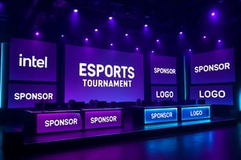 NeonTide səhnəsində sponsor bannerləri ilə işıqlanmış arena