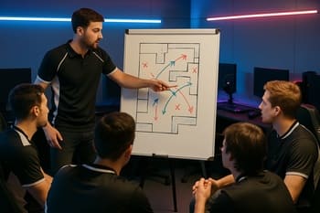 NeonTide Esports bootcamp zonasında komanda taktika müzakirəsində