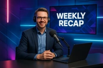 NeonTide host studiyada masa arxasında canlı analitik veriliş aparır