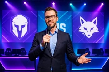 Səhnədə host NeonTide matçından əvvəl azarkeşlərlə danışır