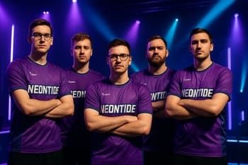 NeonTide CS2 komandası səhnədə line-up şəklində dayanıb