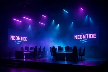 NeonTide Esports arenada matç öncəsi səhnə işıqları