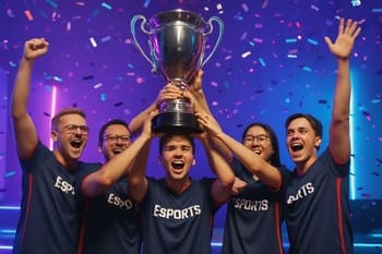 NeonTide komandası səhnədə kubokla birlikdə qələbəni qeyd edir