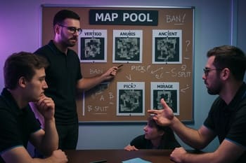 NeonTide map draft divarında müxtəlif CS2 xəritələrinin planları