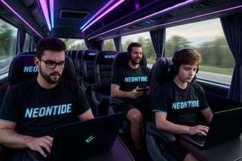 Komanda avtobusunda LAN turnirinə səyahət edən NeonTide oyunçuları