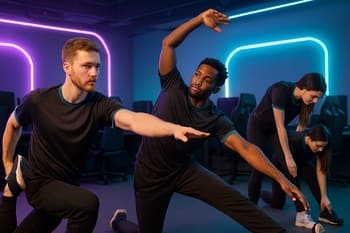 NeonTide oyunçusu matçdan əvvəl məşq zalında stretch hərəkətləri edir