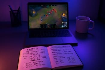 Laptopda VOD player açıq, yanında rəqib barədə qeydlər yazılmış dəftər