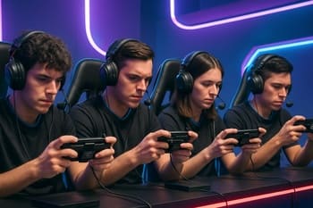 NeonTide mobil oyun komandası telefon və planşetlərlə məşq zamanı